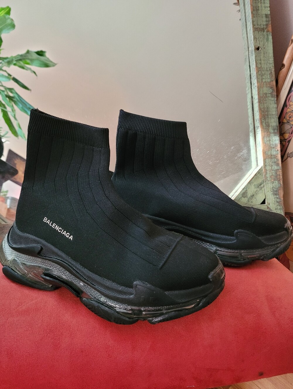 Balenciaga Triple S Black Sock Runner Sneakers Black & Clear Soles - Size 40